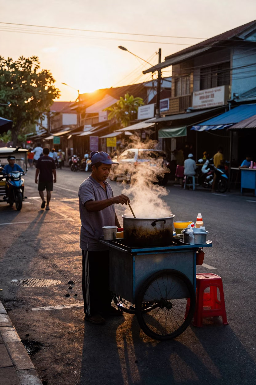 Sunset street scene in Surabaya Indonesia with street food vendor and motorbikes in in Surabaya, Indonesia