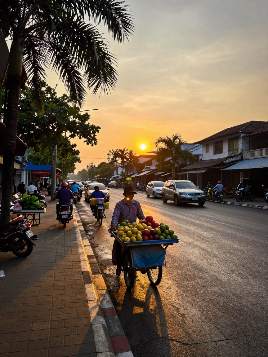 Sunset street scene in Surabaya Indonesia with street vendor and tropical foliage in in Surabaya, Indonesia