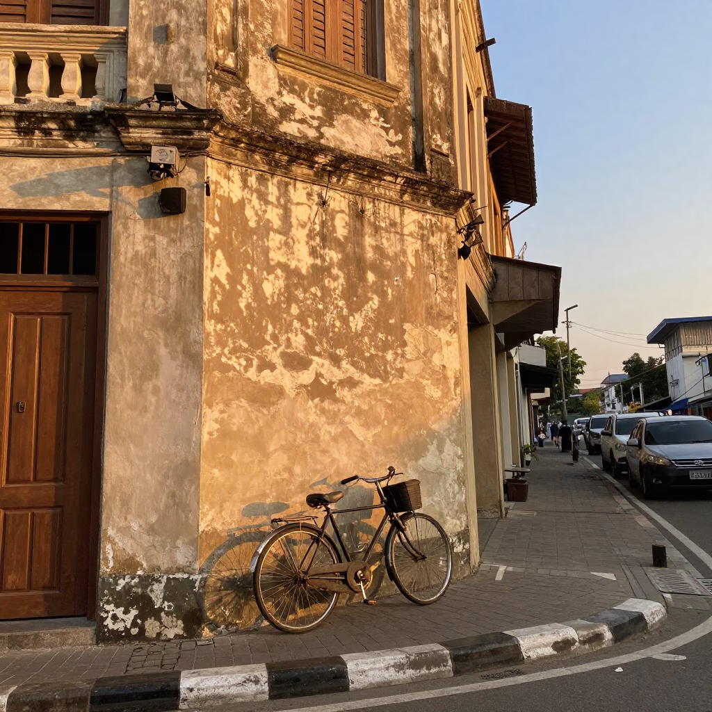 Sunset Street Scene in Surabaya Indonesia with Vintage Bicycle Against Wall in in Surabaya, Indonesia