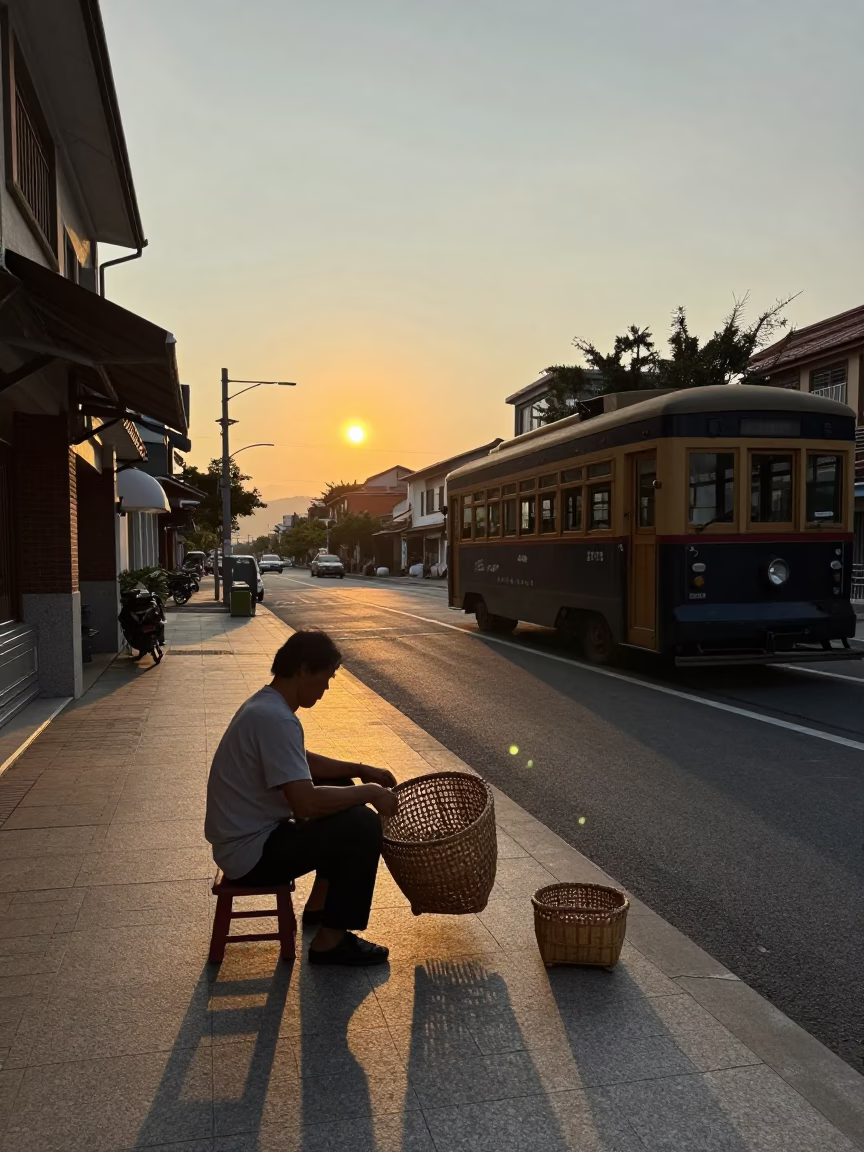 Sunset Street Scene in Tainan Taiwan with Bamboo Basket Weaver and Tram in in Tainan, Taiwan