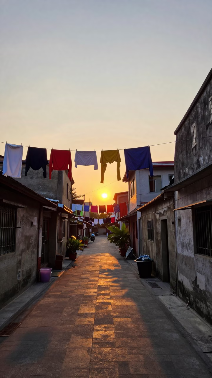Sunset street scene in Tainan Taiwan with colorful laundry and local life in in Tainan, Taiwan