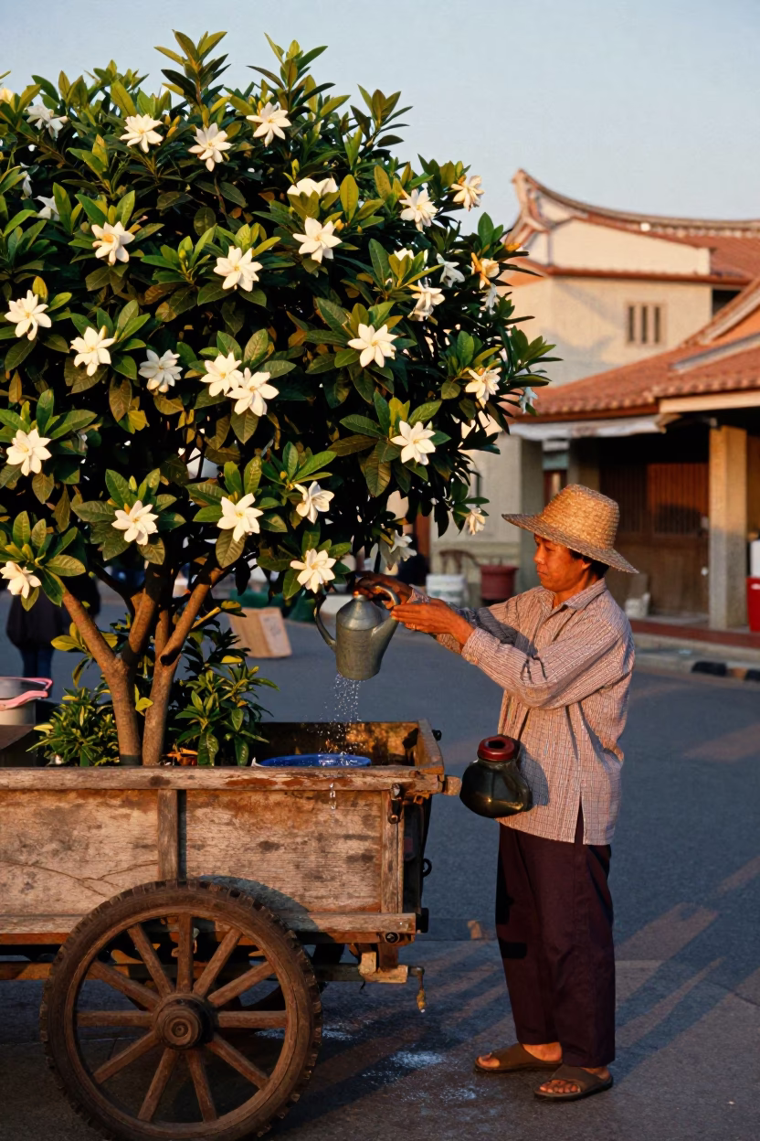Sunset Street Scene in Tainan Taiwan with Gardenia Bush and Watering Jug in in Tainan, Taiwan