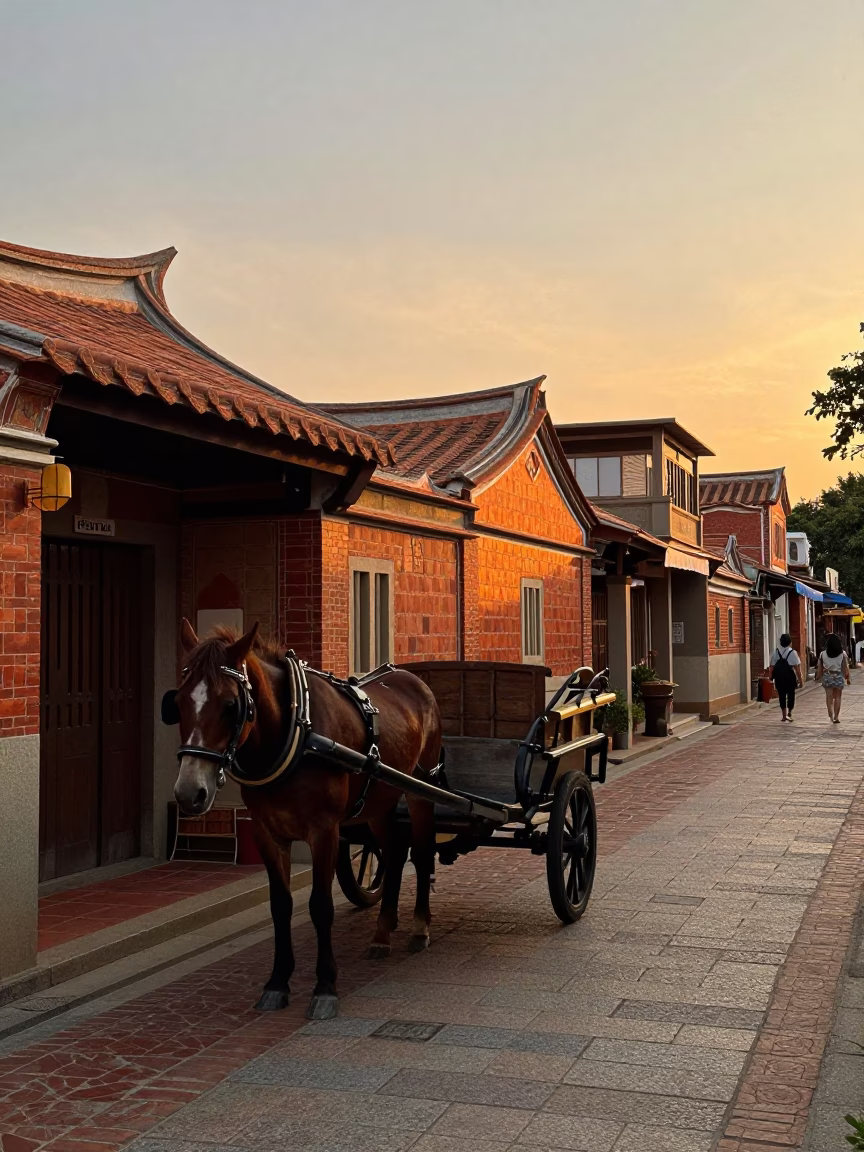 Sunset Street Scene in Tainan Taiwan with Horse Drawn Cart and Cobblestone Architecture in in Tainan, Taiwan