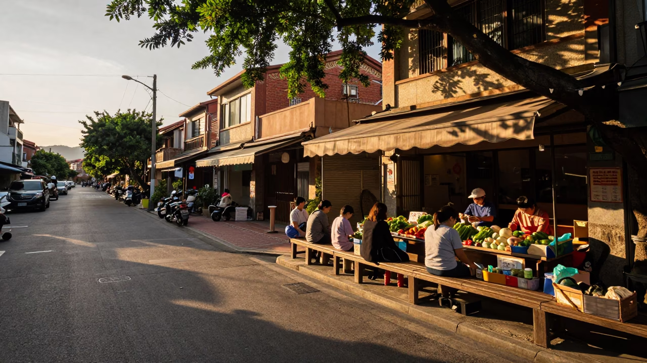 Sunset Street Scene in Tainan Taiwan with Leaf Shadows and Local Details in in Tainan, Taiwan
