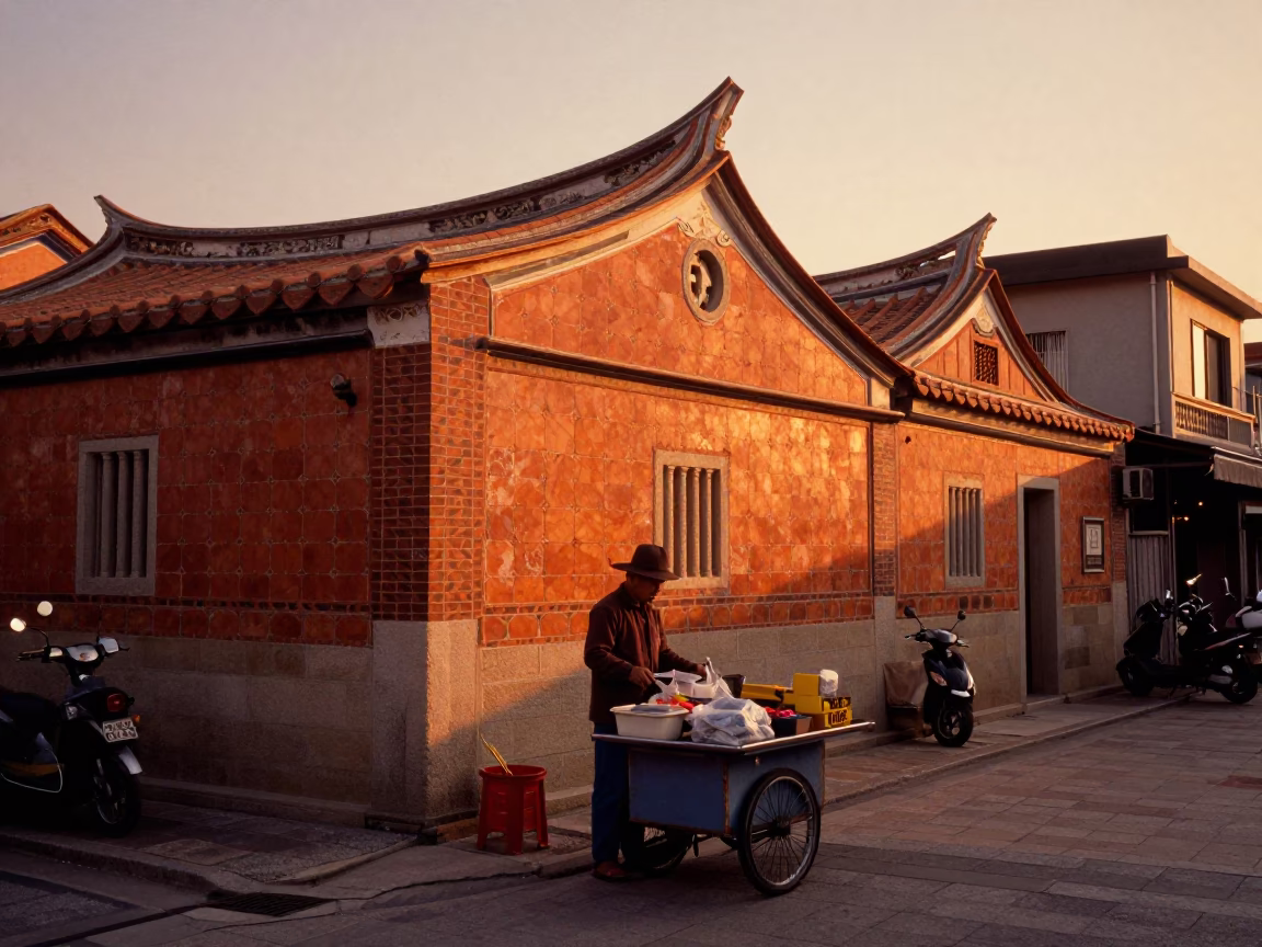 Sunset Street Scene in Tainan Taiwan with Local Vendor and Casual Passersby in in Tainan, Taiwan