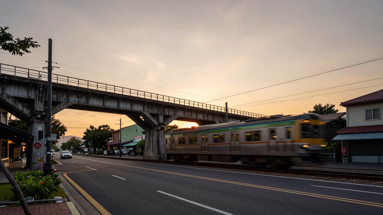 Sunset street scene in Tainan Taiwan with railway viaduct arches and passing train in in Tainan, Taiwan