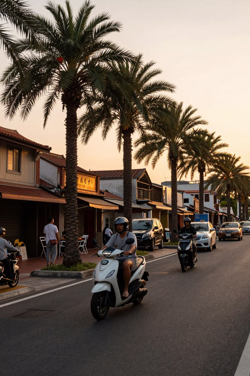 Sunset Street Scene in Tainan Taiwan with Scooter and Palm Tree Avenue in in Tainan, Taiwan