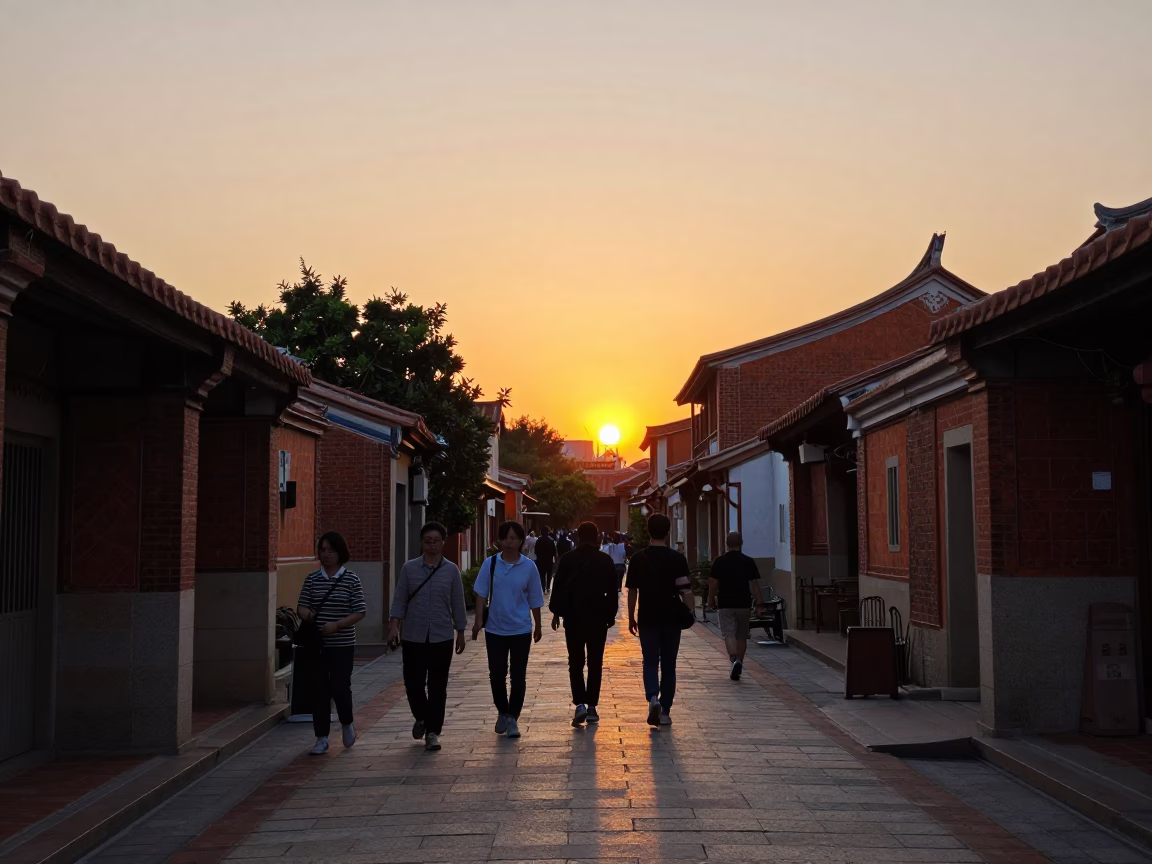 Sunset Street Scene in Tainan Taiwan with Traditional Architecture and Local Life in in Tainan, Taiwan