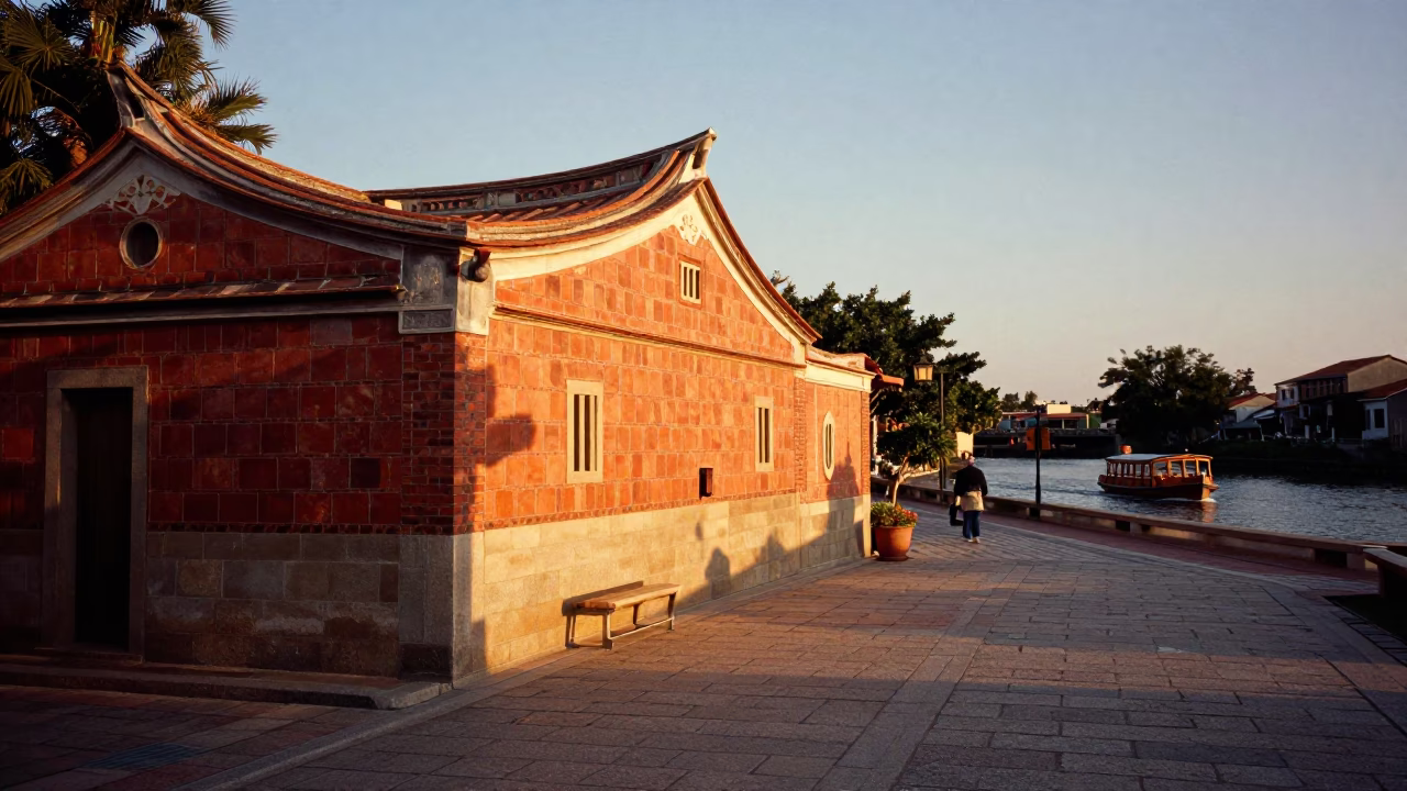Sunset Street Scene in Tainan Taiwan with Traditional Architecture and Water Taxi in in Tainan, Taiwan