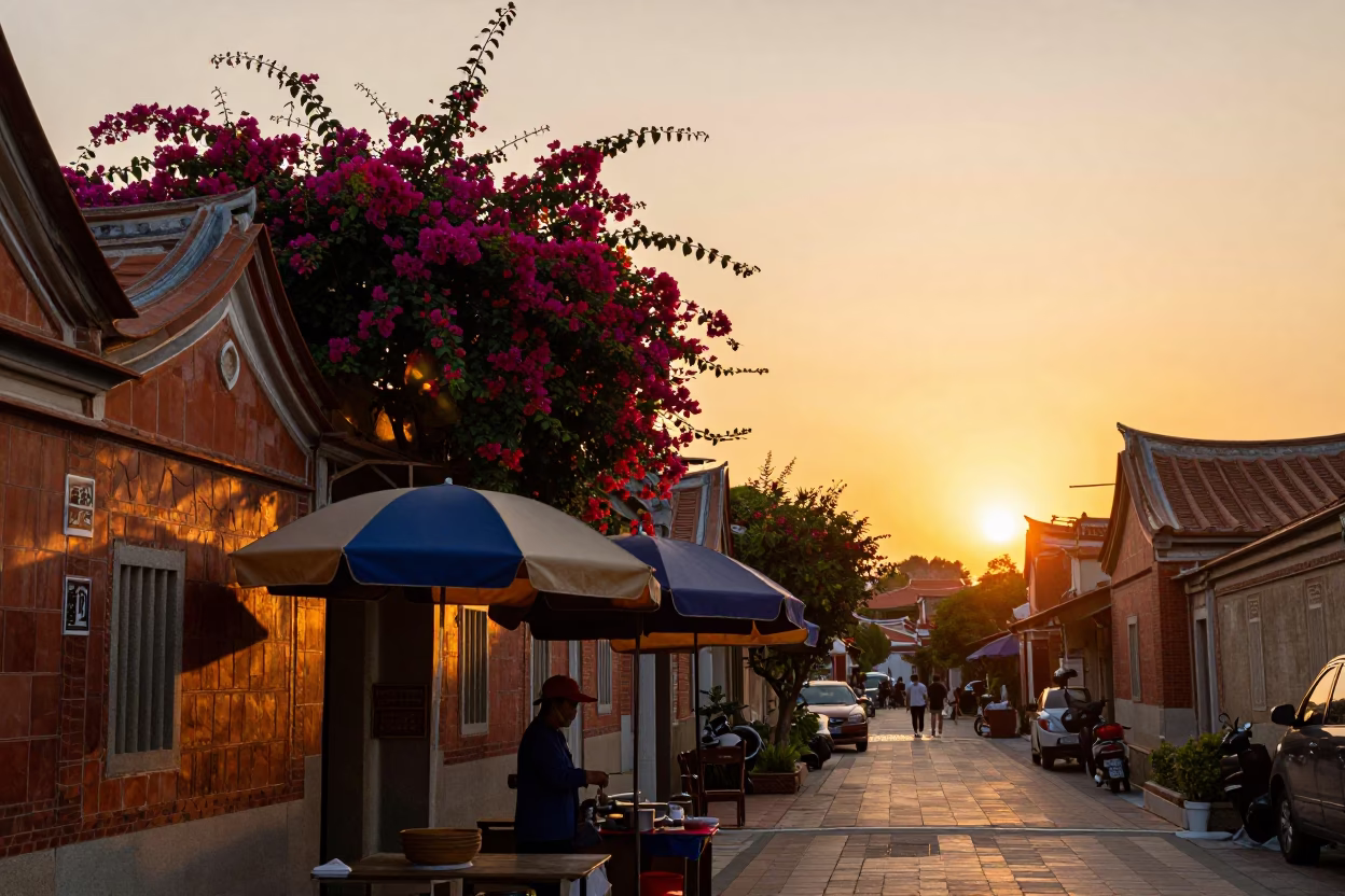 Sunset Street Scene in Tainan Taiwan with Umbrellas and Bougainvillea in in Tainan, Taiwan