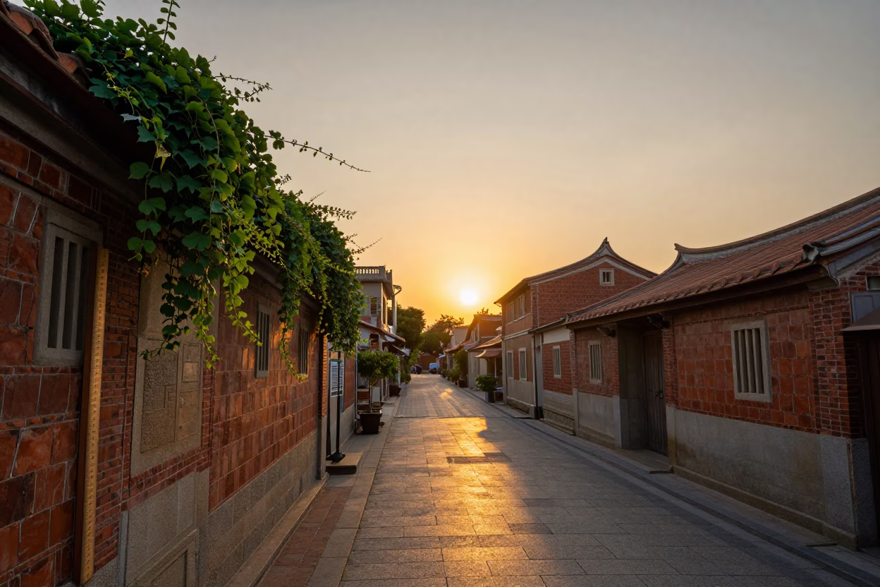Sunset Street Scene in Tainan Taiwan with Vine and Wooden Ruler in in Tainan, Taiwan