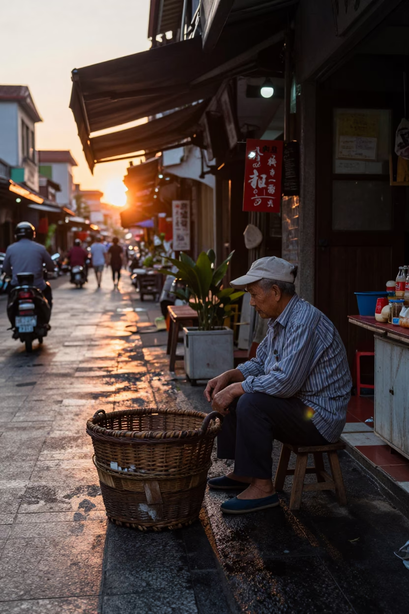 Sunset Street Scene in Tainan Taiwan with Vintage Basket and Local Commerce in in Tainan, Taiwan