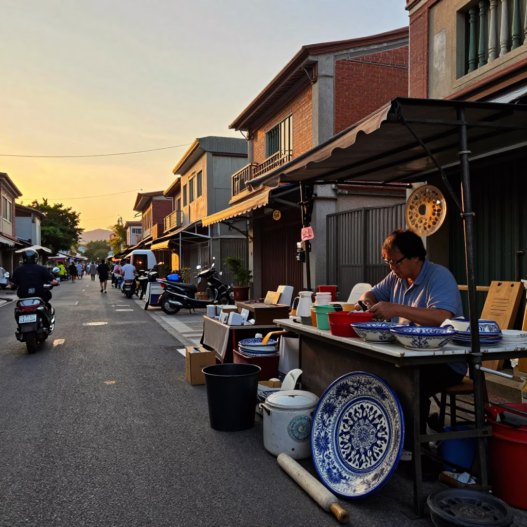 Sunset Street Scene in Tainan Taiwan with Vintage Items and Local Life in in Tainan, Taiwan