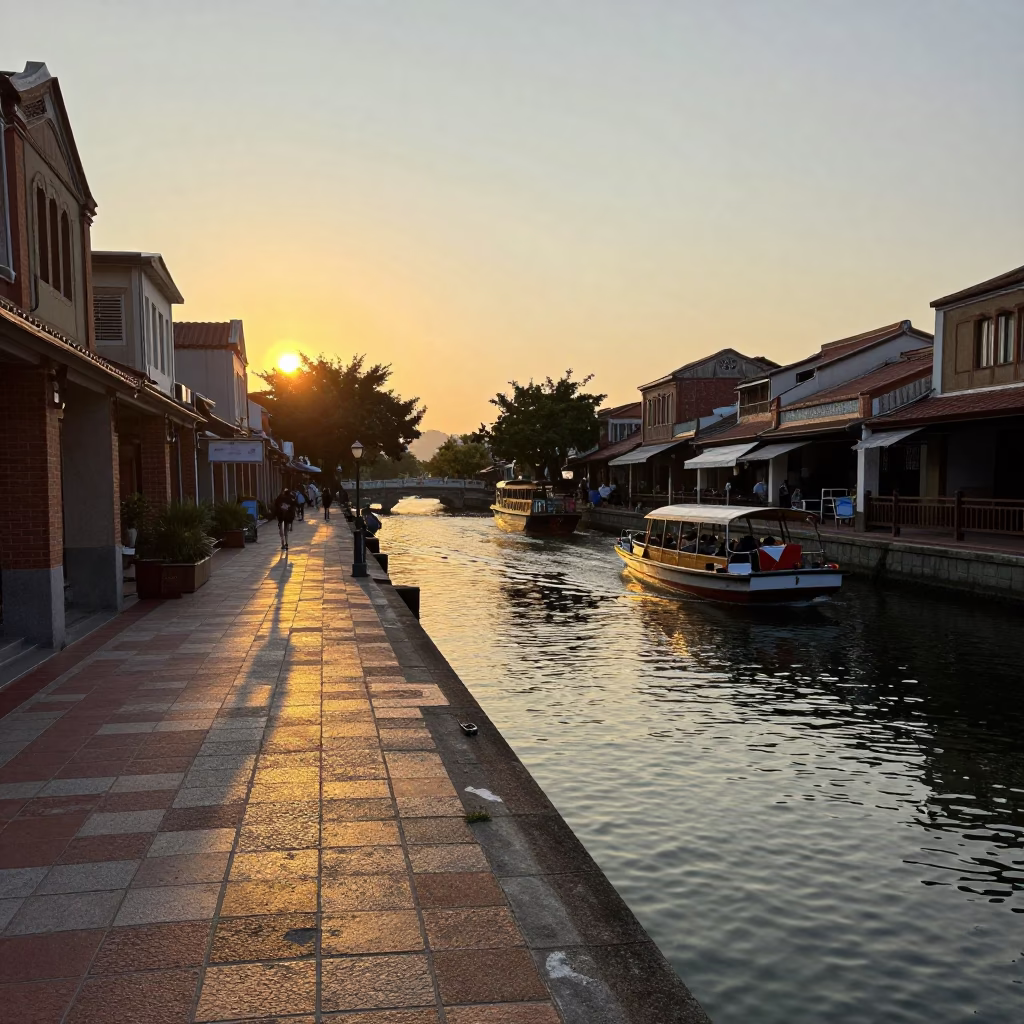 Sunset Street Scene in Tainan Taiwan with Water Taxi and Ripples in in Tainan, Taiwan