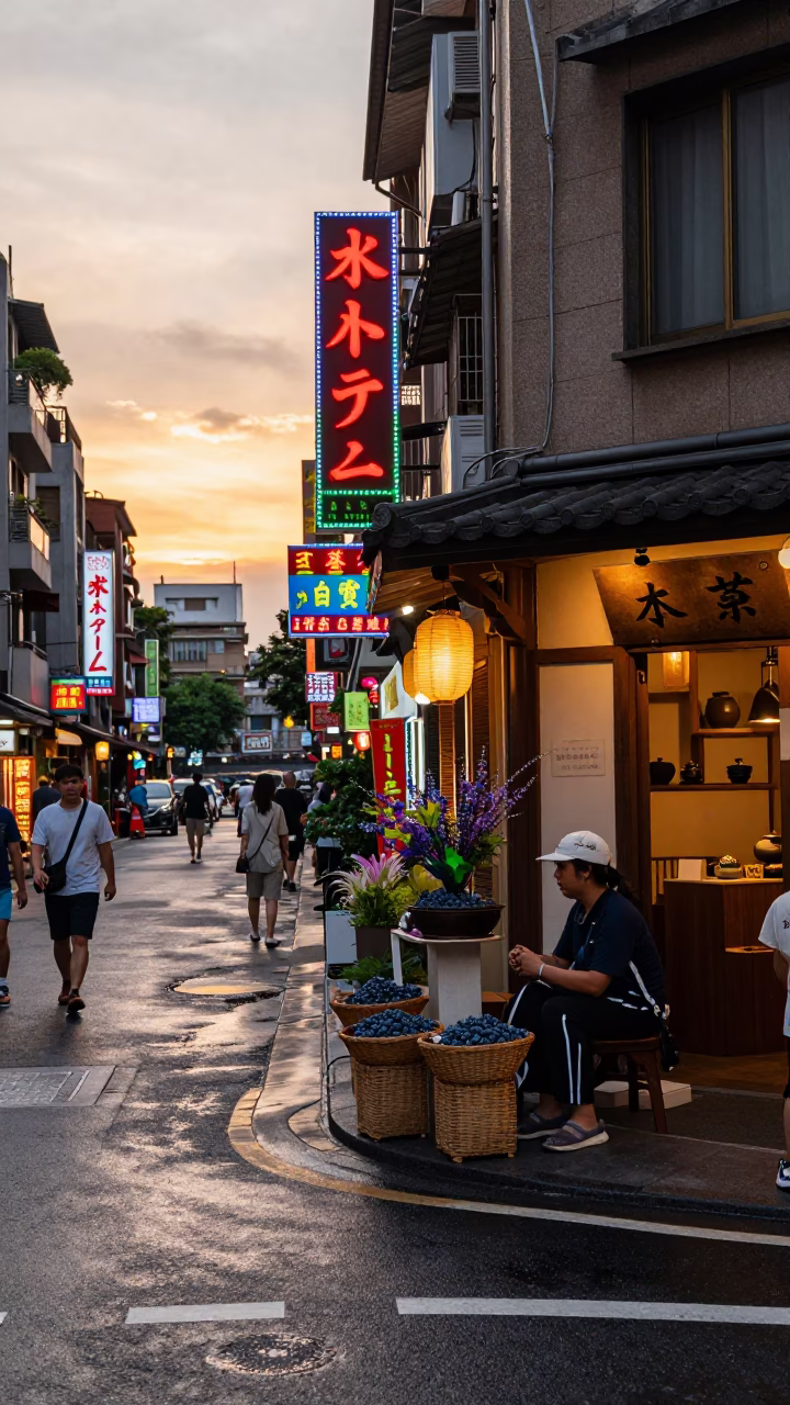 Sunset Street Scene in Taipei Taiwan with Blueberries and Ikebana in in Taipei, Taiwan