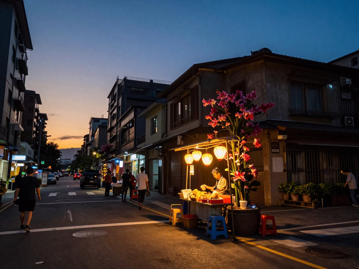 Sunset Street Scene in Taipei Taiwan with Lantern and Flowering Plant in in Taipei, Taiwan