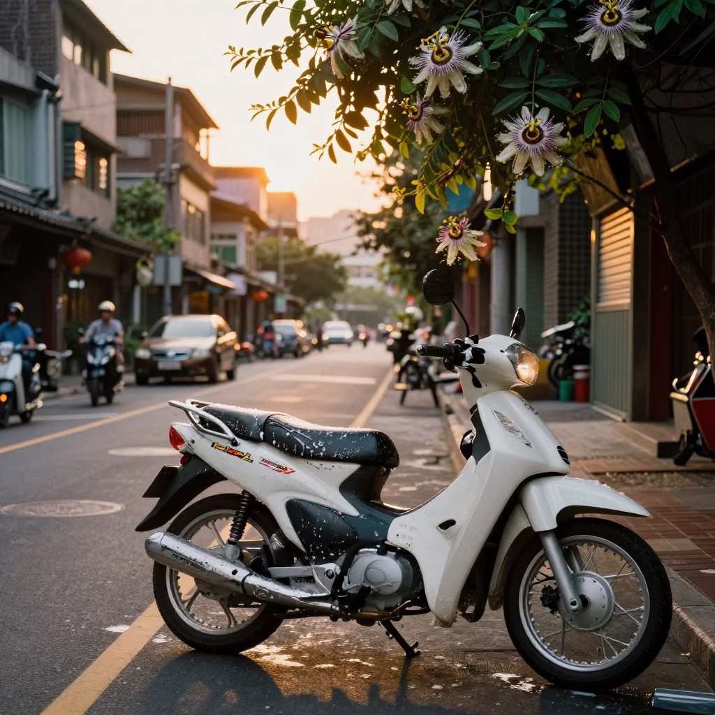 Sunset Street Scene in Taipei Taiwan with Motorcycle and Passion Flower in in Taipei, Taiwan