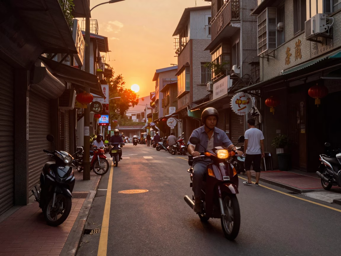 Sunset Street Scene in Taipei Taiwan with Motorcycle and Traditional Tea Towel Detail in in Taipei, Taiwan