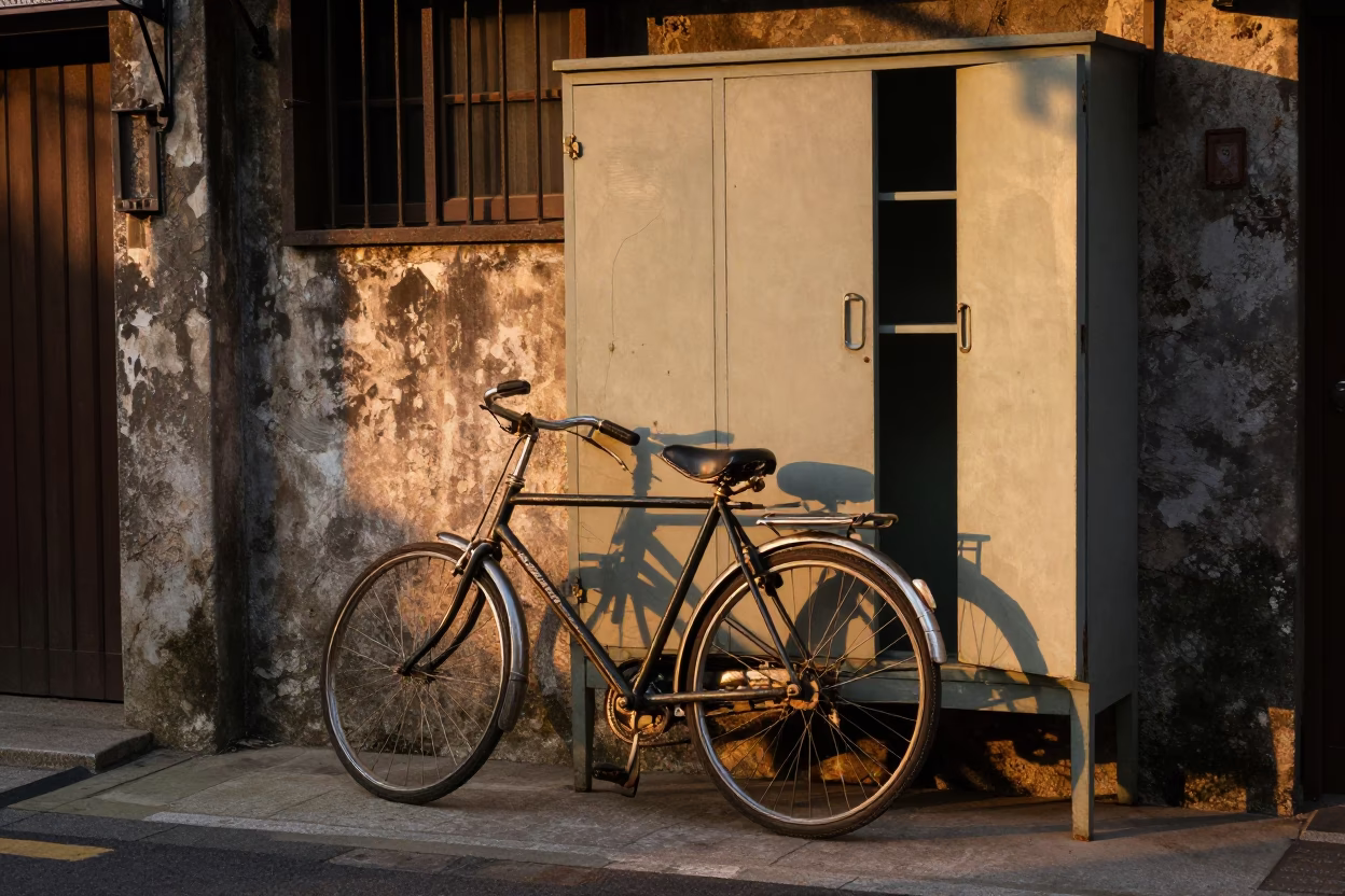 Sunset Street Scene in Taipei Taiwan with Vintage Bicycle and Cupboard Doors in in Taipei, Taiwan