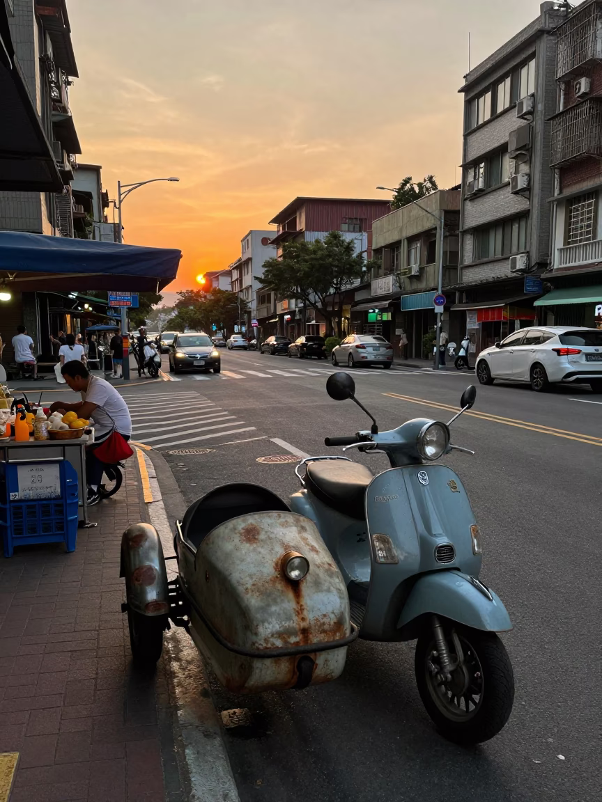 Sunset Street Scene in Taipei Taiwan with Vintage Scooter and Concrete Viaduct in in Taipei, Taiwan