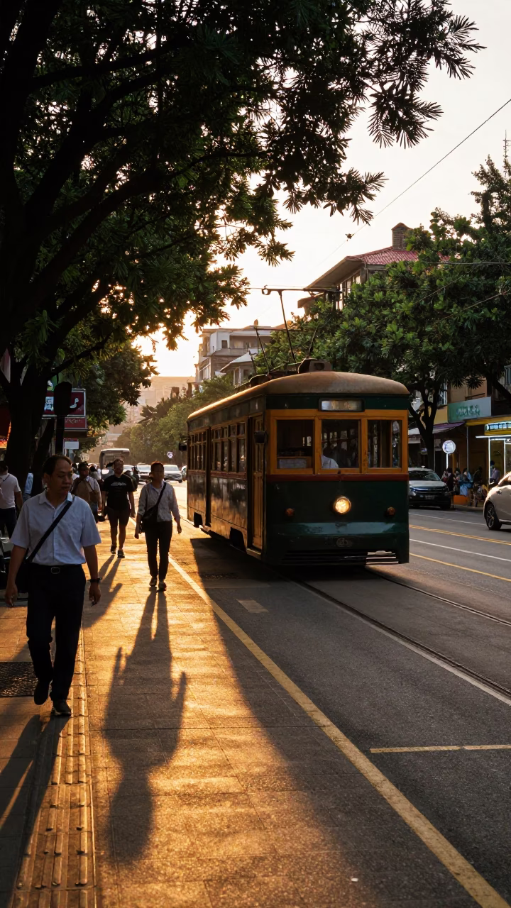 Sunset Street Scene in Taipei Taiwan with Vintage Tram and Busy Sidewalk Activity in in Taipei, Taiwan