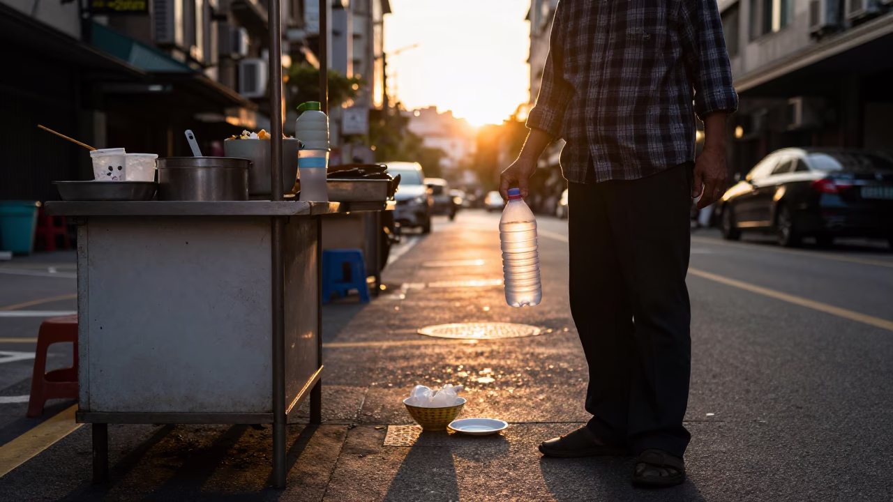 Sunset Street Scene in Taipei Taiwan with Watering Bottle and Dish Rack in in Taipei, Taiwan