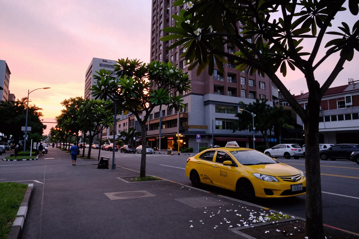 Sunset Street Scene in Taipei Taiwan with Yellow Taxi and Plumeria Tree in in Taipei, Taiwan