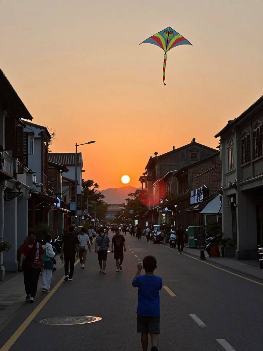 Sunset Street Scene in Taipei with Kites and Traditional Architecture in in Taipei, Taiwan