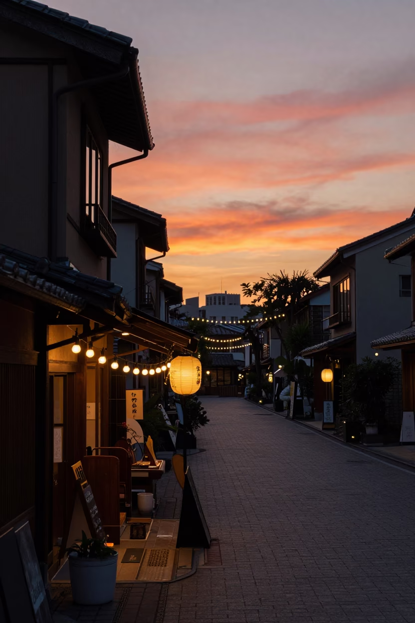 Sunset street scene in Tokyo Japan with string lights and traditional architecture in in Tokyo, Japan