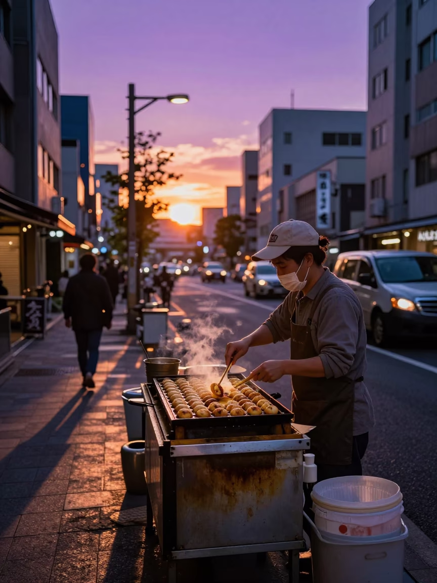 Sunset Street Scene in Tokyo Japan with Takoyaki Grill and Urban Life in in Tokyo, Japan