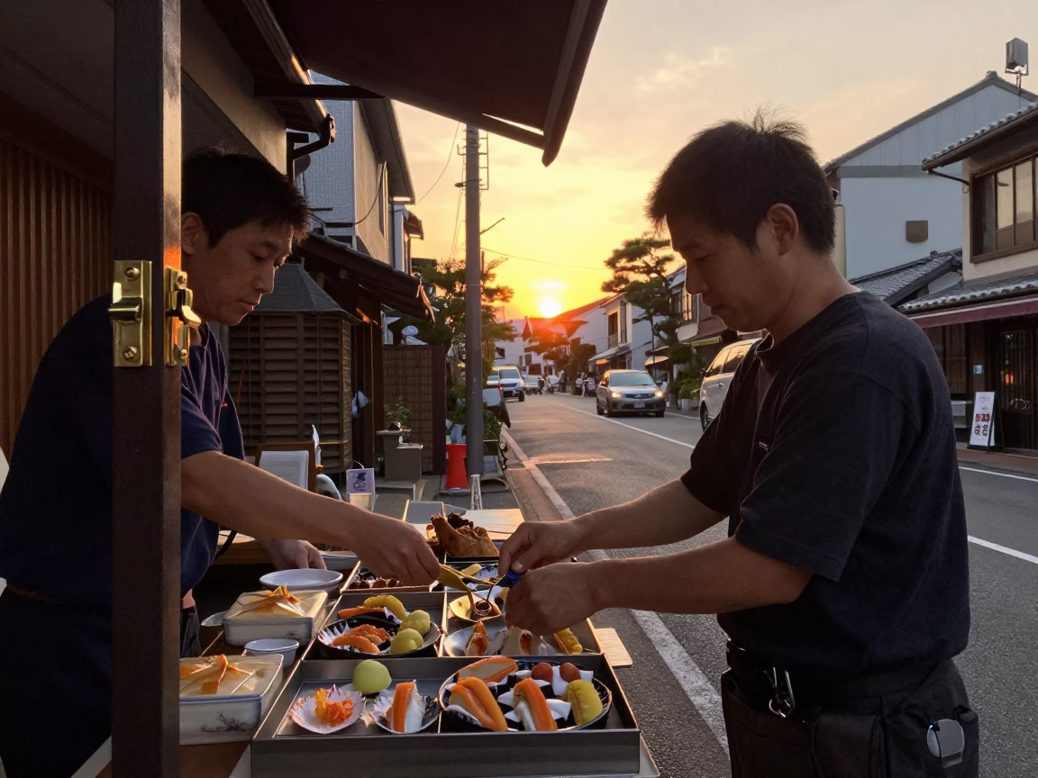 Sunset Street Scene in Tokyo Japan with Traditional Food and Vintage Details in in Tokyo, Japan