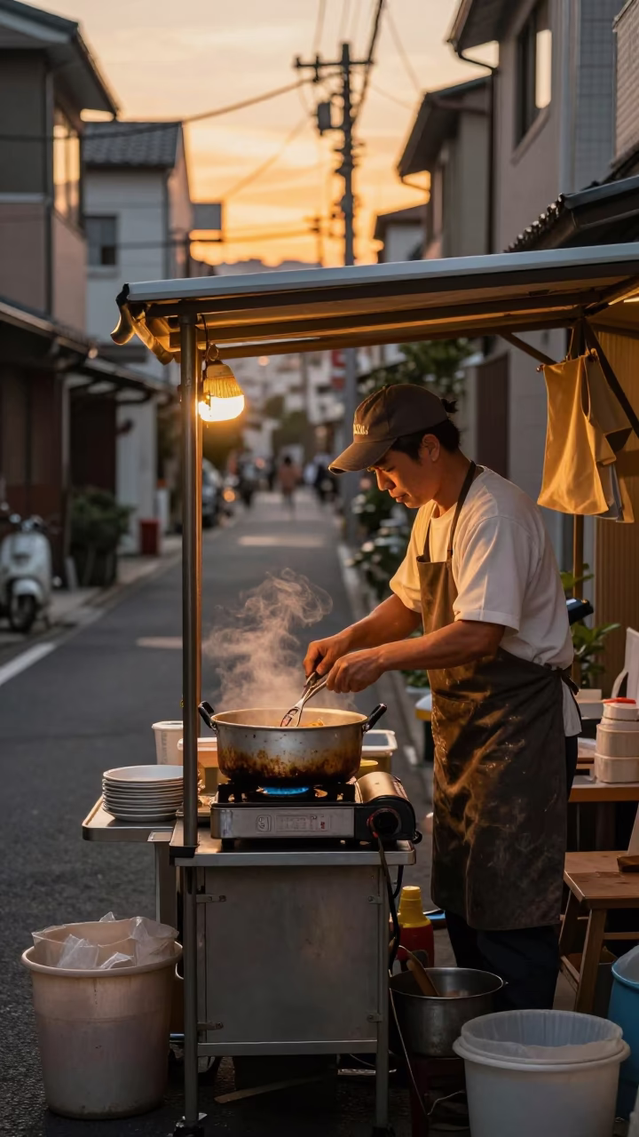 Sunset Street Scene in Tokyo Japan with Vintage 1960s Cooking Pot and Rolling Pin in in Tokyo, Japan