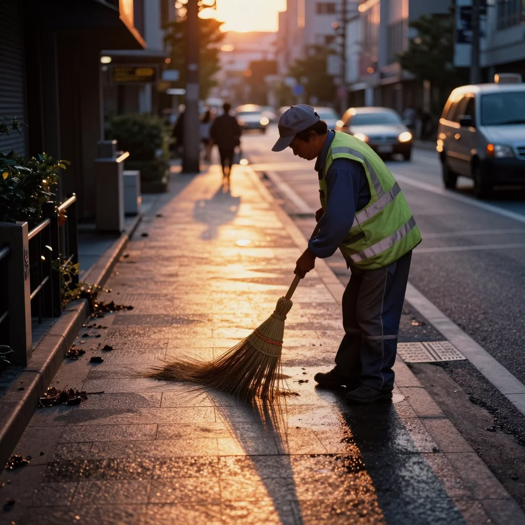 Sunset Street Scene in Tokyo Japan with Worker Cleaning Sidewalk in in Tokyo, Japan