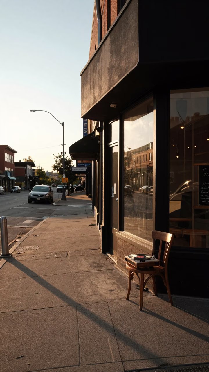Sunset Street Scene in Toronto Ontario Canada with Record Player and Chair in in Toronto, Ontario, Canada