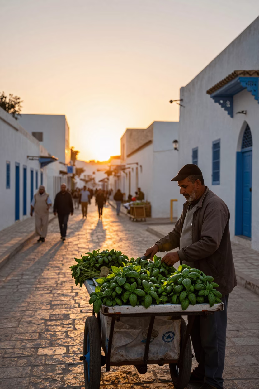 Sunset Street Scene in Tunis Tunisia with Basil Leaves and Urban Life in in Tunis, Tunisia
