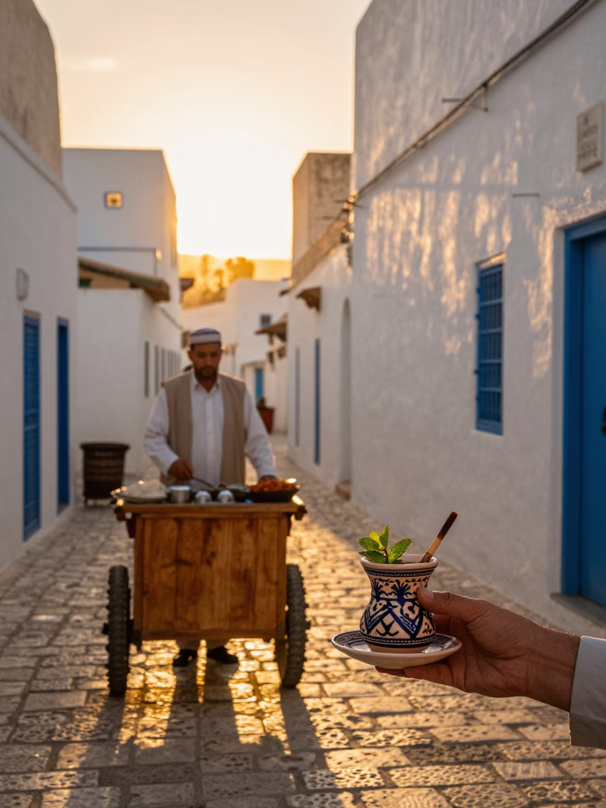 Sunset Street Scene in Tunis Tunisia with Ceramic Cup and Brush in in Tunis, Tunisia