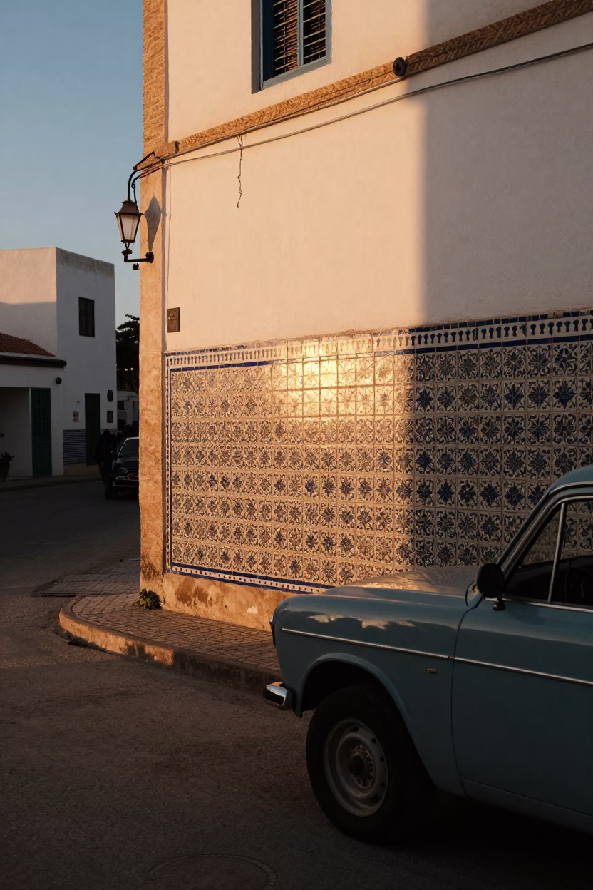 Sunset Street Scene in Tunis Tunisia with Ceramic Tiles and Vintage Car in in Tunis, Tunisia
