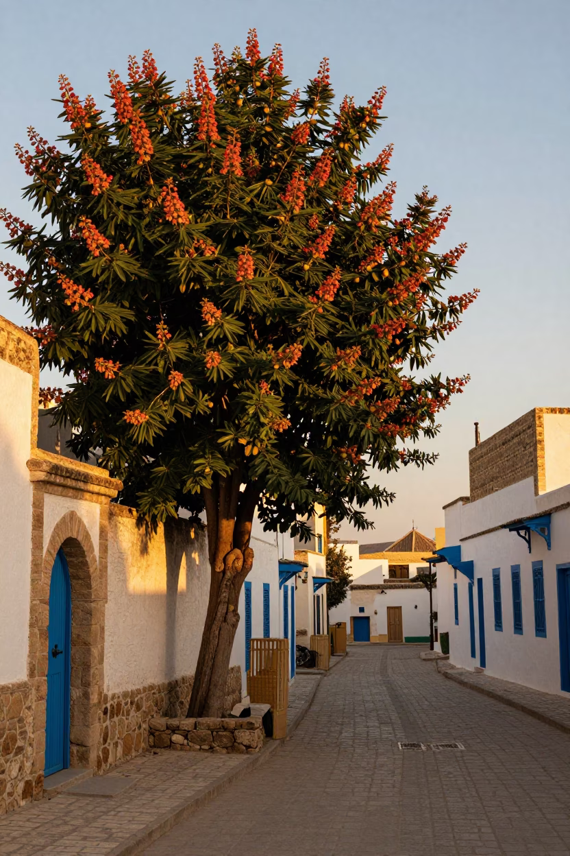 Sunset Street Scene in Tunis Tunisia with Chestnut Tree and Traditional Architecture in in Tunis, Tunisia