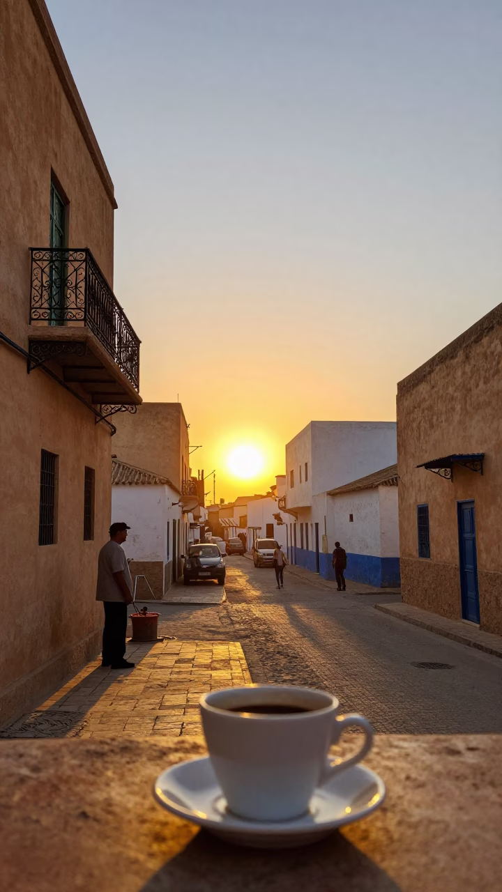 Sunset Street Scene in Tunis Tunisia with Coffee Cupper and Traditional Architecture in in Tunis, Tunisia