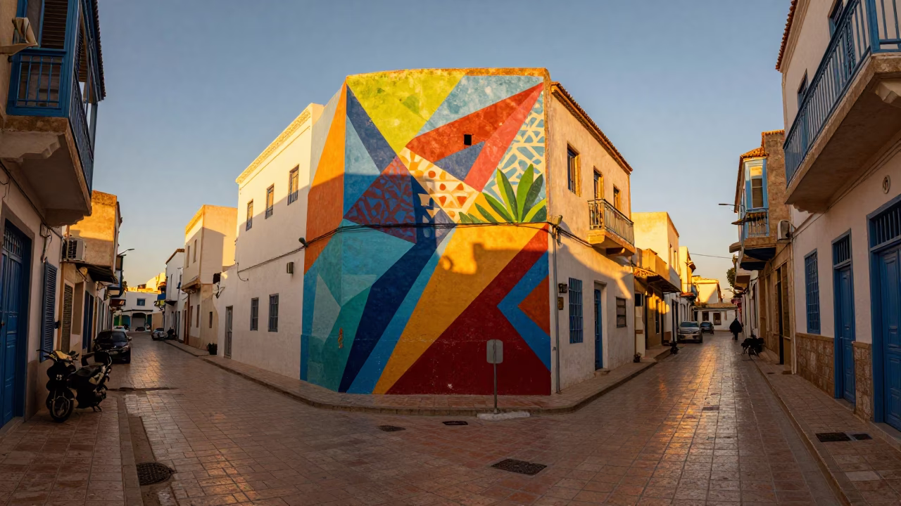 Sunset Street Scene in Tunis Tunisia with Colorful Mural and Urban Details in in Tunis, Tunisia