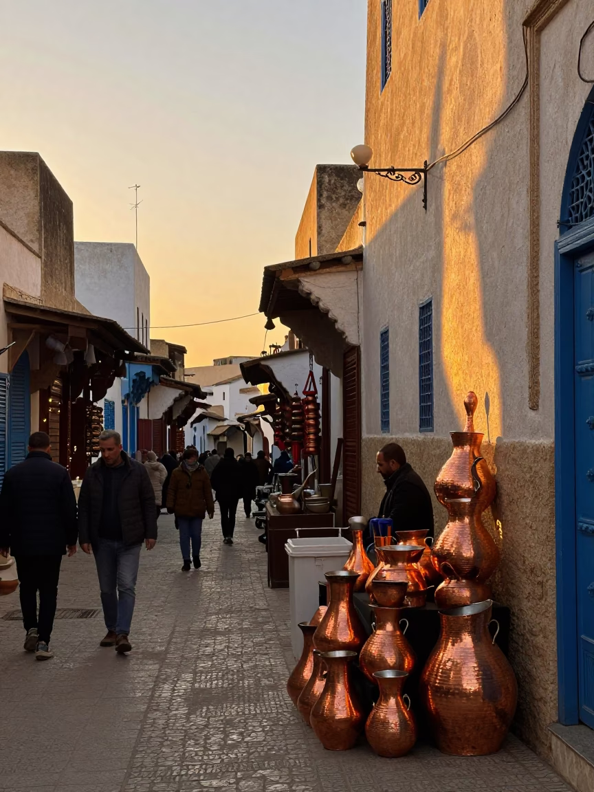 Sunset Street Scene in Tunis Tunisia with Copper Pots and Water Rings in in Tunis, Tunisia