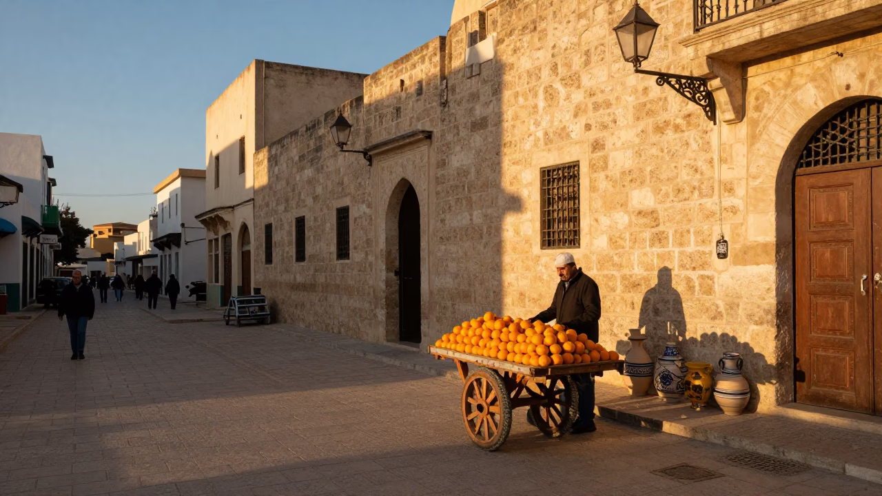 Sunset Street Scene in Tunis Tunisia with Oranges and Traditional Pottery in in Tunis, Tunisia
