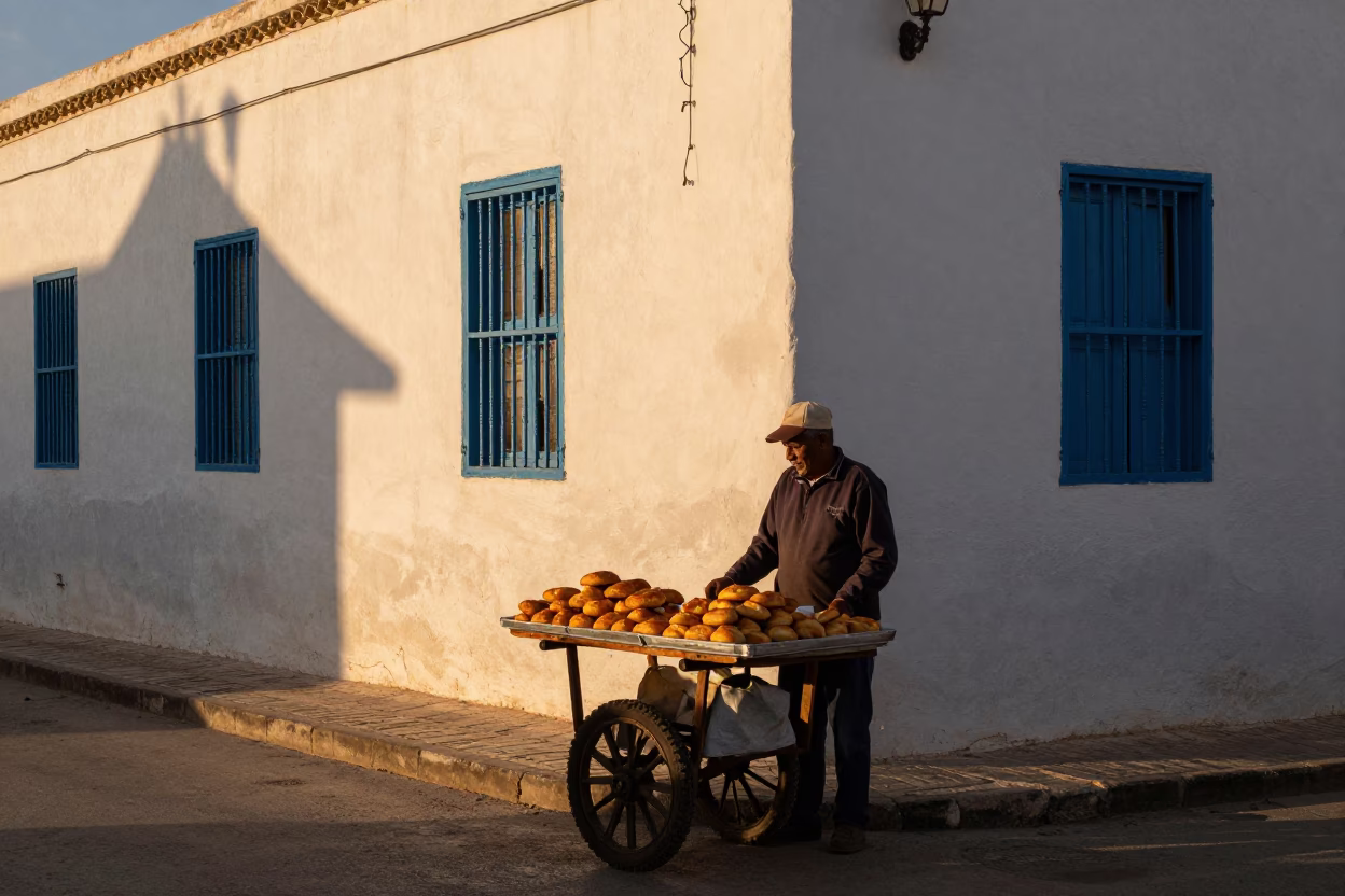 Sunset Street Scene in Tunis Tunisia with Pastries and Traditional Architecture in in Tunis, Tunisia