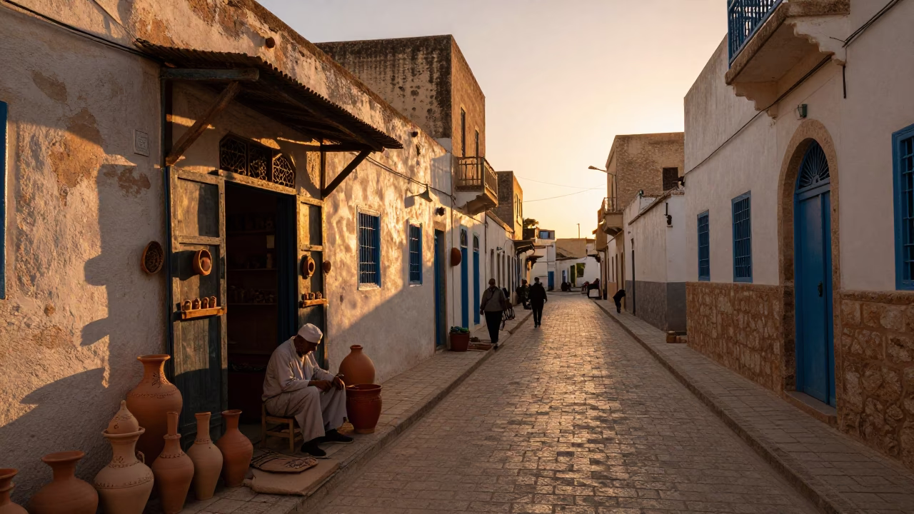 Sunset street scene in Tunis Tunisia with traditional pottery and urban architecture in in Tunis, Tunisia