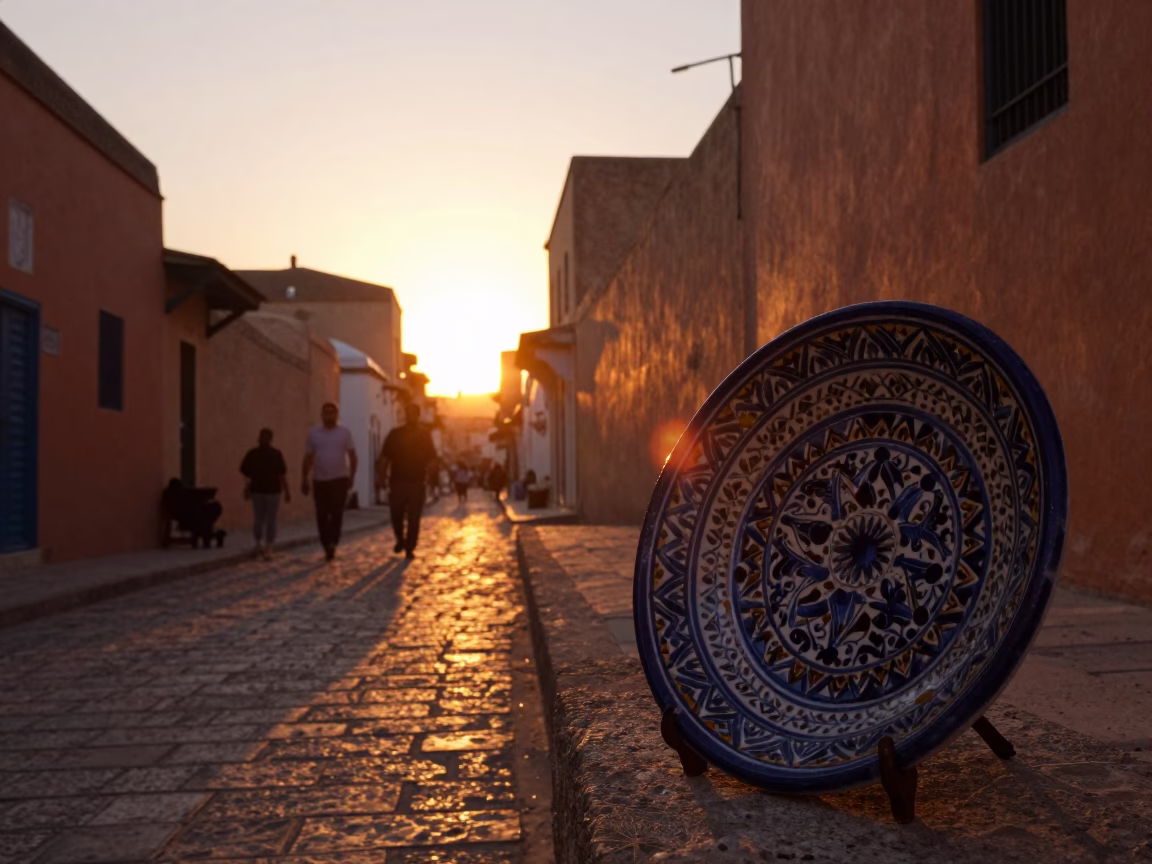 Sunset street scene in Tunis Tunisia with vintage majolica plate and local market activity in in Tunis, Tunisia