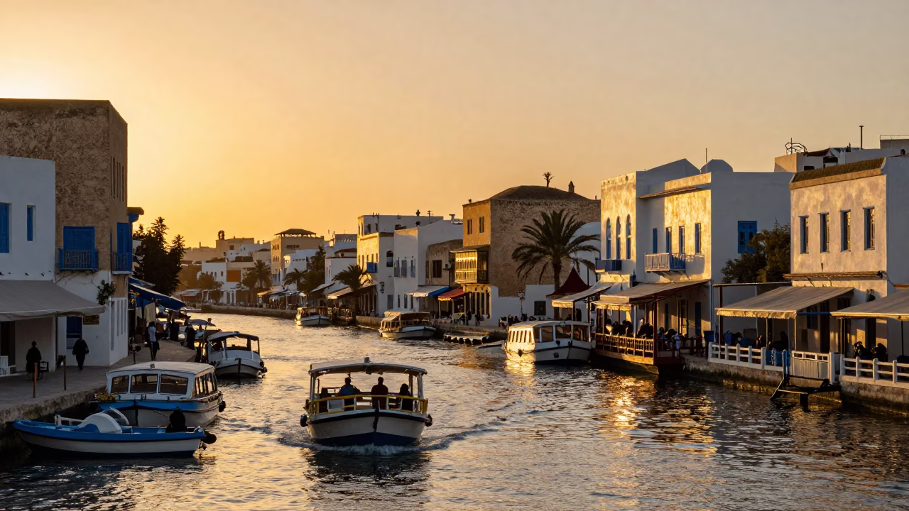 Sunset Street Scene in Tunis Tunisia with Water Taxi and Canal Houseboats in in Tunis, Tunisia