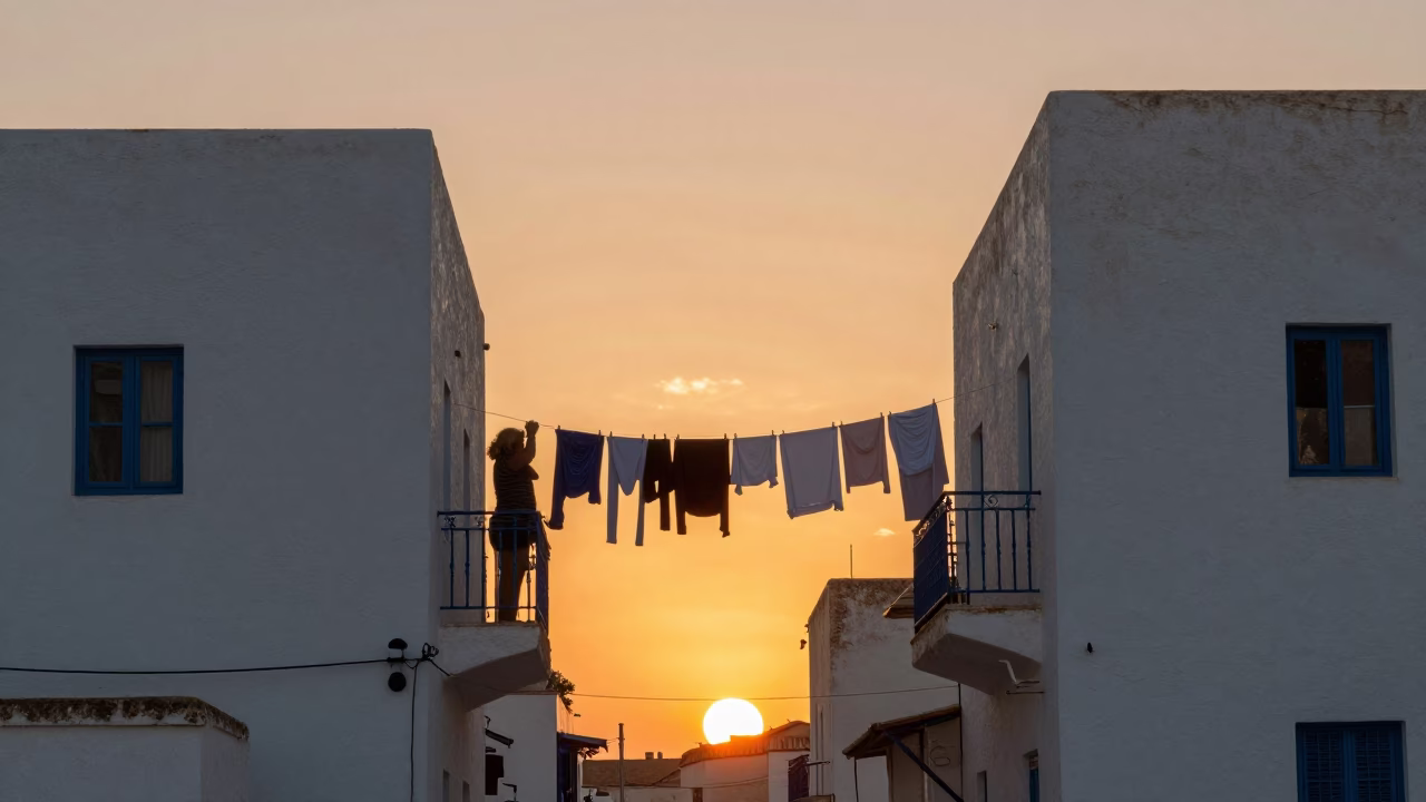 Sunset Street Scene in Tunis Tunisia with Woman Hanging Laundry Between Buildings in in Tunis, Tunisia