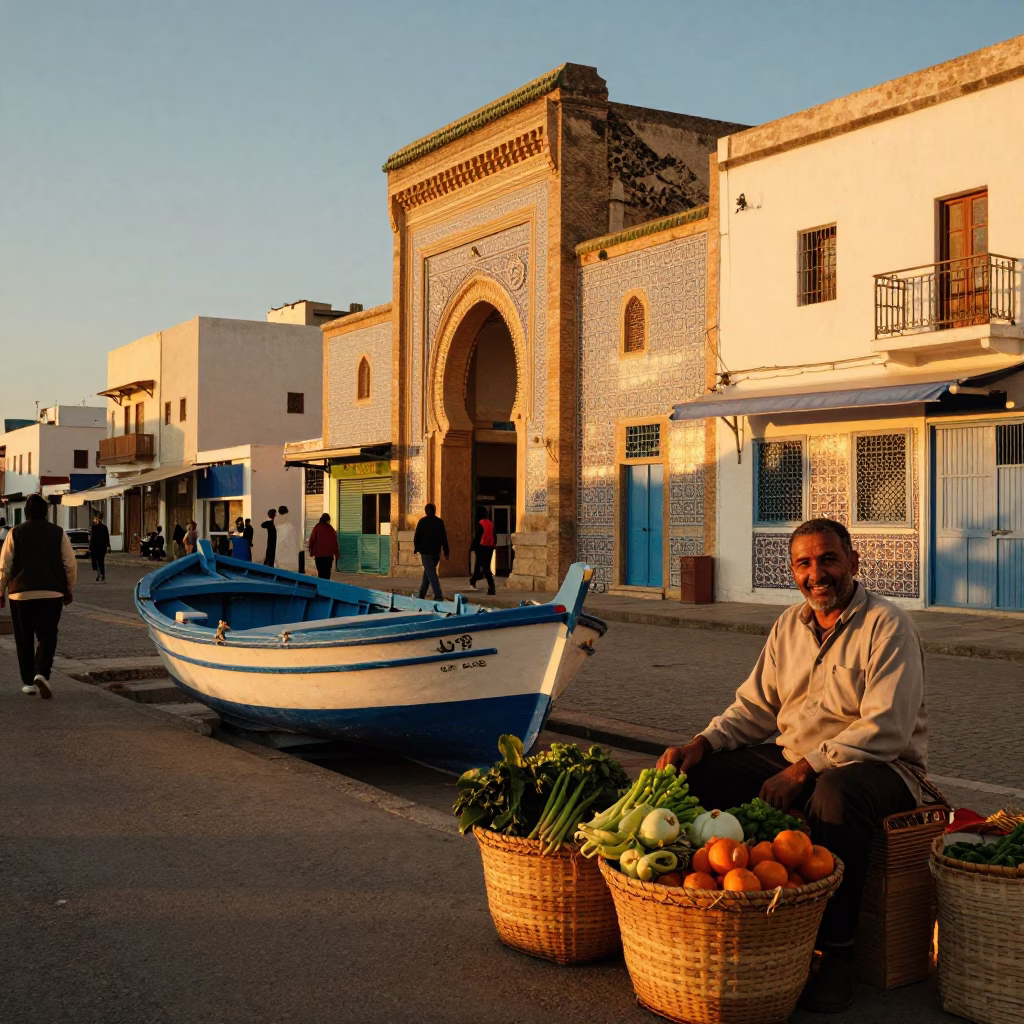 Sunset Street Scene in Tunis Tunisia with Wooden Fishing Boat and Basket in in Tunis, Tunisia