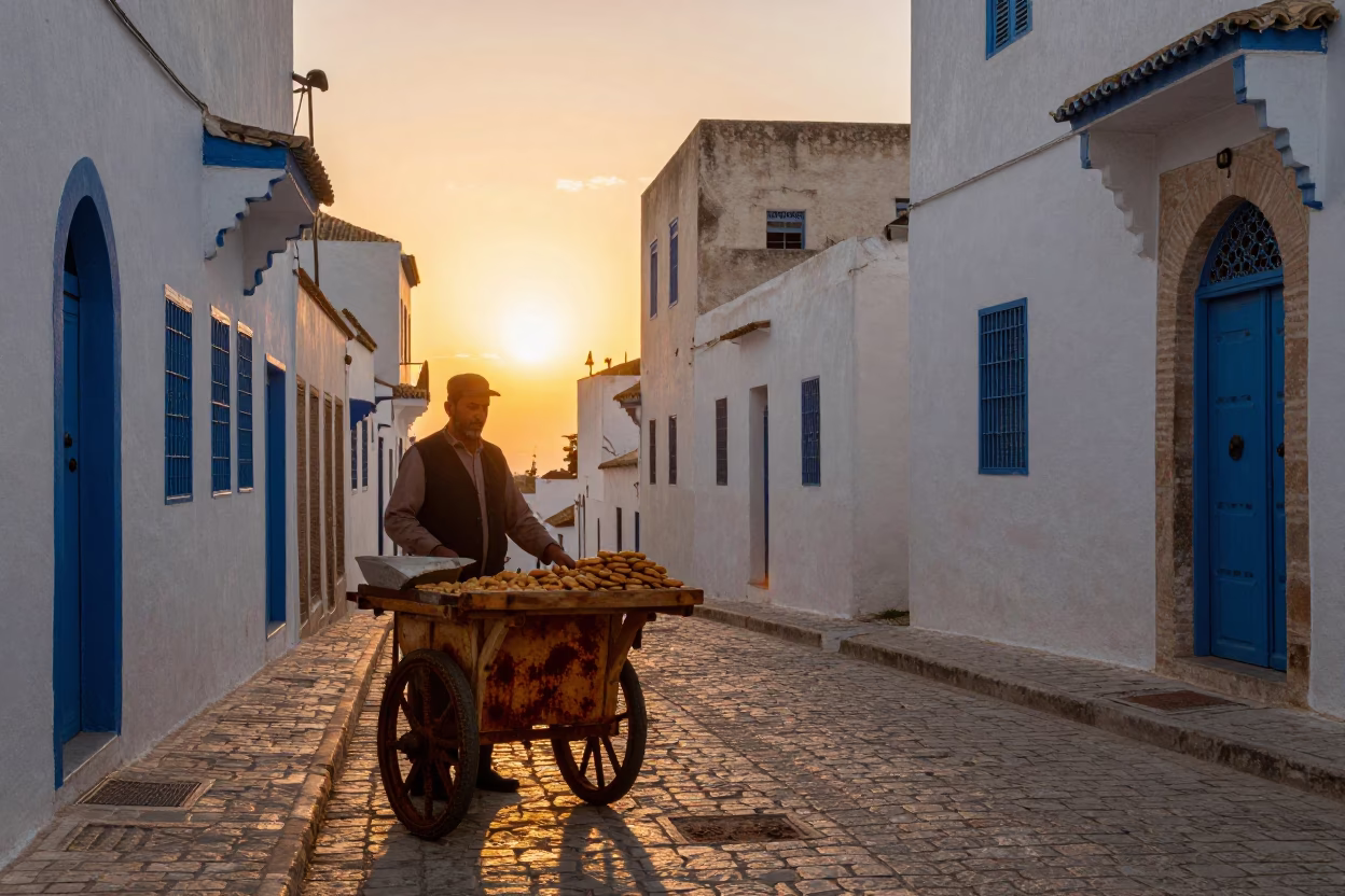 Sunset Street Scene in Tunis with Date Cookies and Rusty Mirror Detail in in Tunis, Tunisia