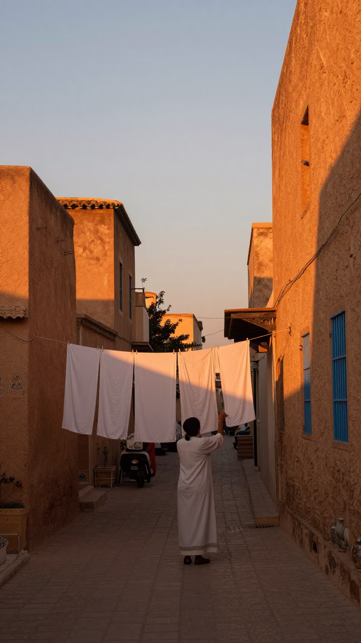 Sunset street scene in Tunis with laundry and ceramic details in in Tunis, Tunisia